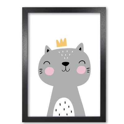 Grey Scandi Cat With Crown - Print
