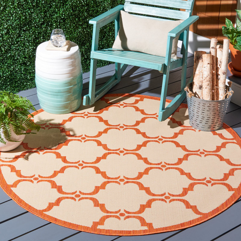 Tapis à motif géométrique intérieur/extérieur beige/rouge Herefordshire, Rond 5 pi