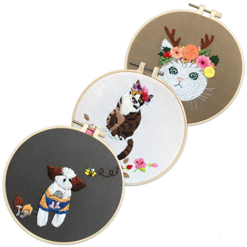 Cross Stitch Kits, 3 Pieces Cotton Linen Cat Dog Embroidery Fabric Kit With Diy Material Package