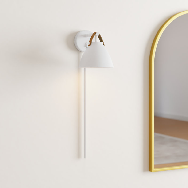 Gianni Plug-in Swing Arm Sconce, Tan Leather/White