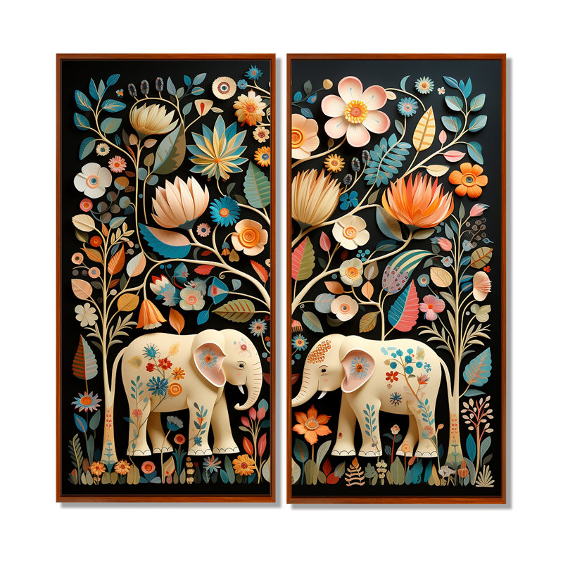 «Indian Art Jaipur Elephants 4 - Global», ensemble de 2 pièces, 32" H x 32" W, Reproduction encadrée sans passe-partout