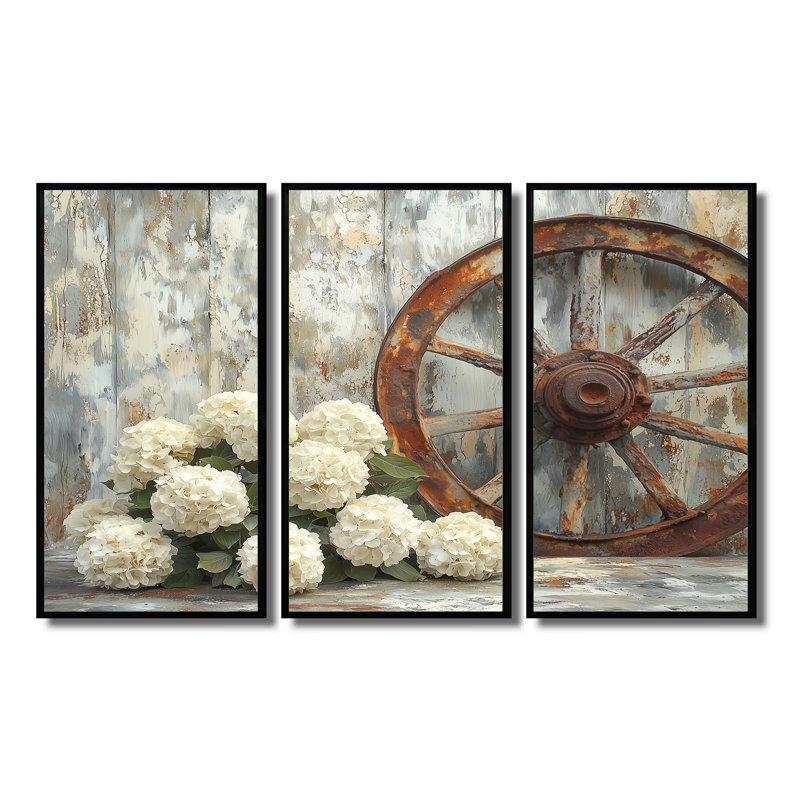 Hortensia par roue de chariot - art mural hydrangée - ensemble de 3, H 28 po x l 36 po, Noir