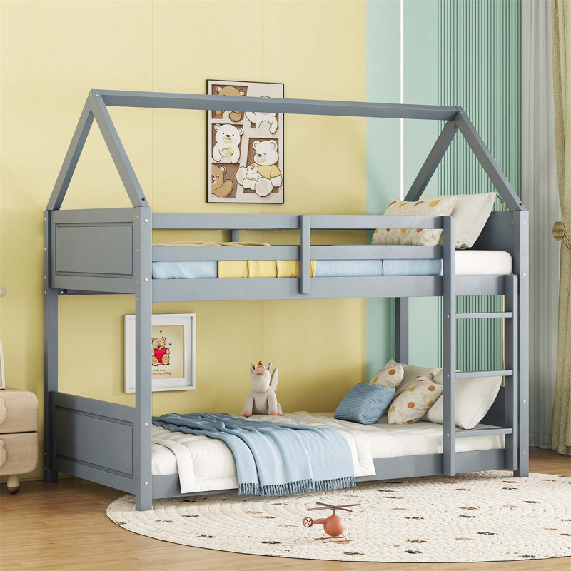 Twin Over Twin House Floor Bunk Bed With Headboards, Footboards, Guardrails, And Ladder, Grey, Space-Saving And Safe Design