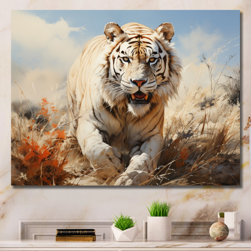 «White Tiger On Rolling Grassland I», reproduction d'art sur toile, H 12 po x l 20 po x P 1 po, Toile tendue