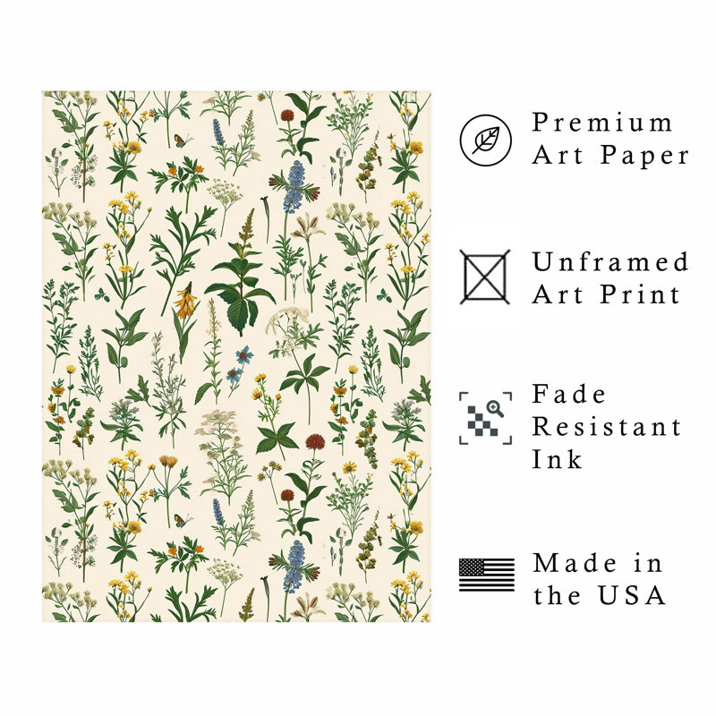 «Botanical Plants & Wildflowers Garden», reproduction d'art sans cadre, H 36 po x l 24 po