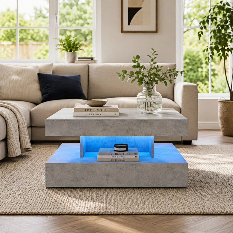 Charvez Modern Square High-Gloss LED Coffee Table with Storage, Grey, 40cm H x 78cm W x 78cm D