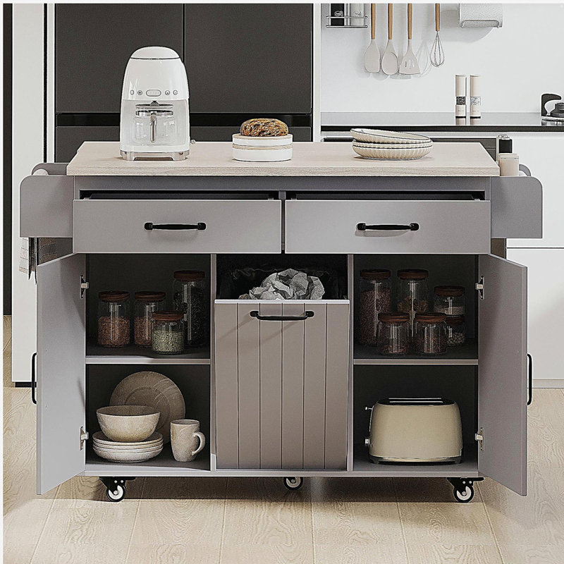 K&K Kitchen Island with Trash Can Storage Cabinet, Kitchen Cart with Drop Leaf, Spice Rack, Towel Rack and Drawer, Rolling Kitchen Island on Wheels with Adjustable Shelf, Grey