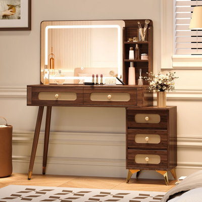 47''Vintage Makeup Vanity With Mirror And Lights, Makeup Vanity Desk With 5 Drawers And Storage Shelf, Rattan Drawer Design, 3 Color Modes And Adjustable Brightness Dressing Table,Dark Walnut