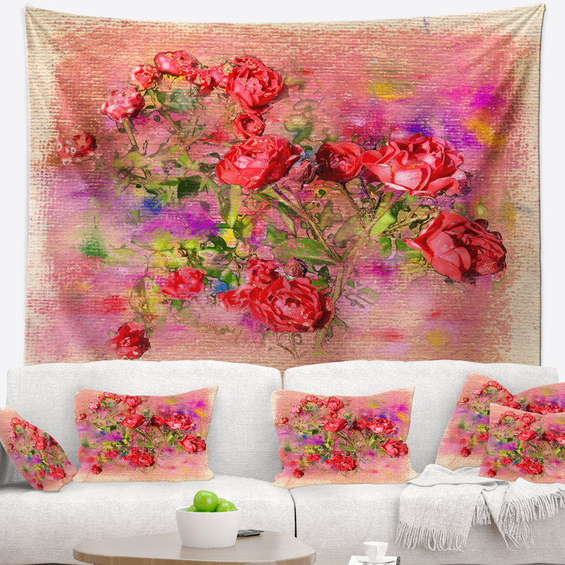 Tapisserie d’illustration de craie florale roses, H 32 po x l 39 po
