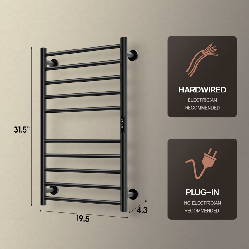 Wall Mount Electric Towel Warmer 10 Bars Heated Towel Rack, Black