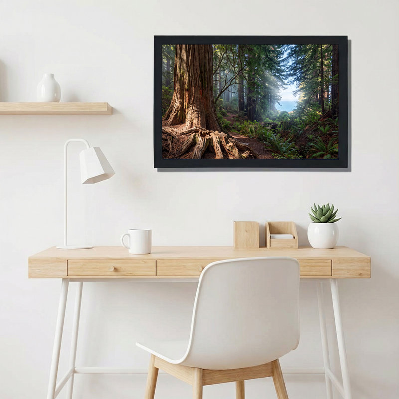 Toile géante, troncs d'arbres et fougères menant à la vue sur l'océan, 16"H x 24"W