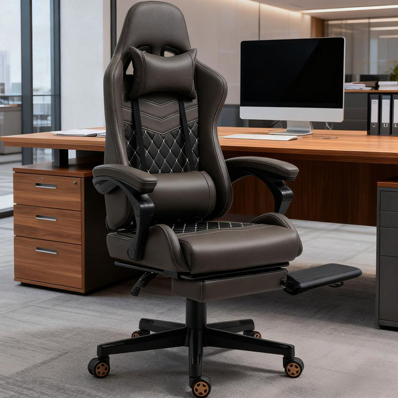 PU Leather Office Gamer Chair High Back Swivel Recliner With Footrest,Lumbar Support,Adjustable Height