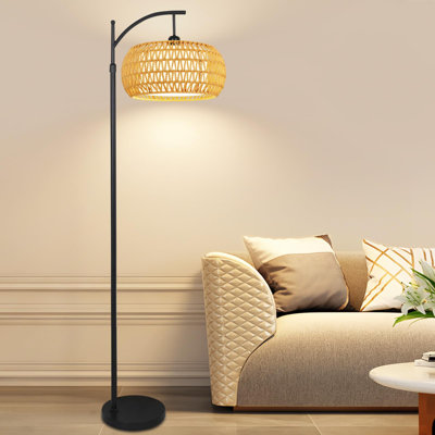 Arc Floor Lamps For Living Room Rattan Boho Floor Lamp With Remote Control,Dimmable LED Floor Lamp Wicker Lamp Shades Black Standing Lamp With 3 Color Temperature Tall Floor Lamps For Bedroom Corner