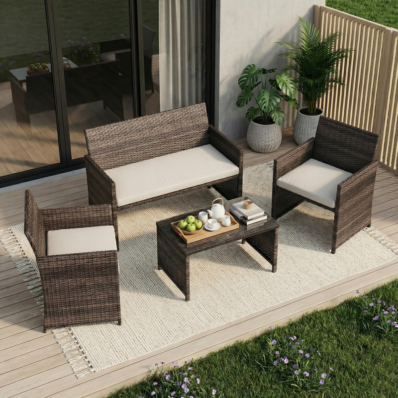 4-Piece Patio Furniture Set, PE Rattan Outdoor Conversation Set with Cushions & Tempered Glass Table, All-Weather Wicker Patio Table and Chairs Set for Patio, Porch, Backyard, Brown and Beige