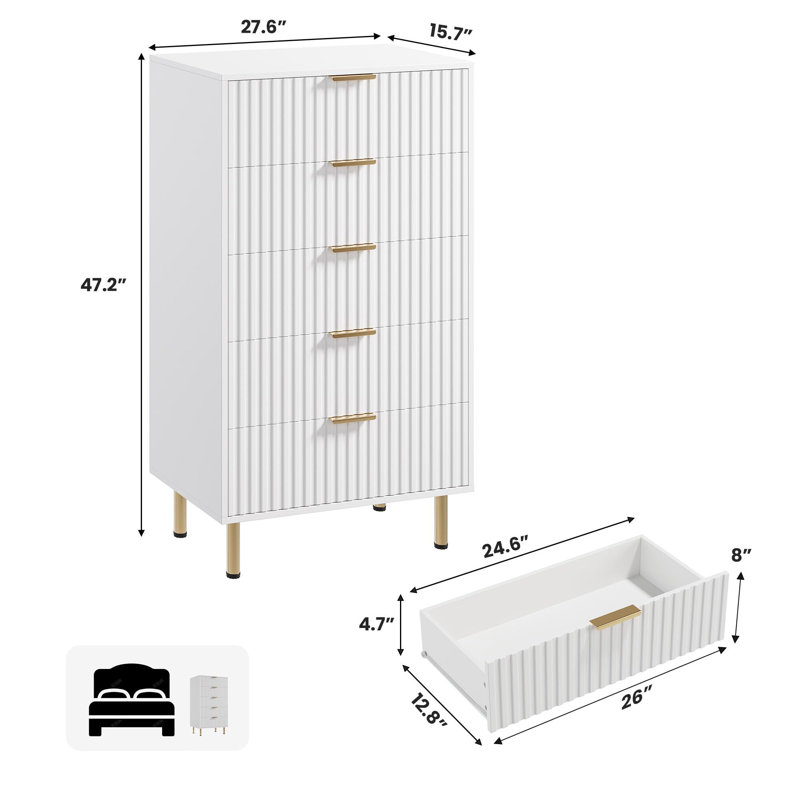 47" Tall  Fluted 5 Drawer Dresser For Bedroom, Deep Drawers, White