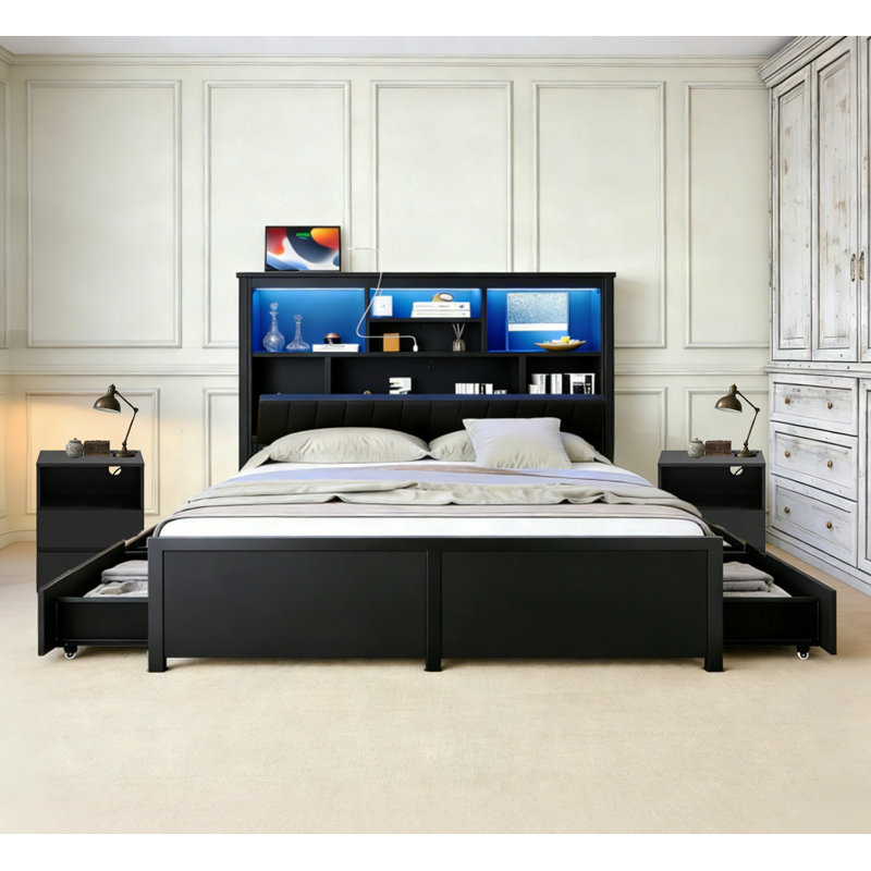 1200lLBS Weight Capacity Queen Bedroom Sets, All-Metal Bed Frame with Upolstered Headboard and Wood Nightstands, 4 Drawers, LED light and Charging Station