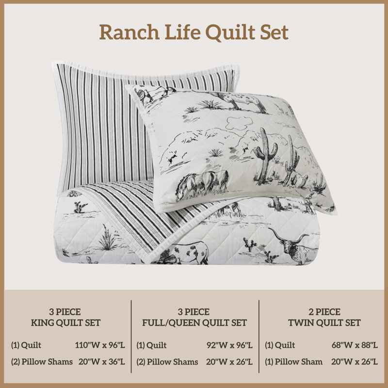 Ensemble de courtepointe réversible en coton blanc / noir Ranch Life, Courtepointe pour grand lit + 2 taies décoratives