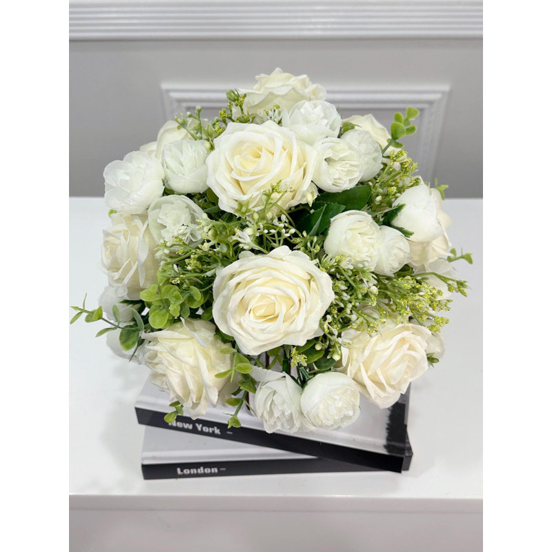 White Silk Rose Peony Centerpiece in Vase