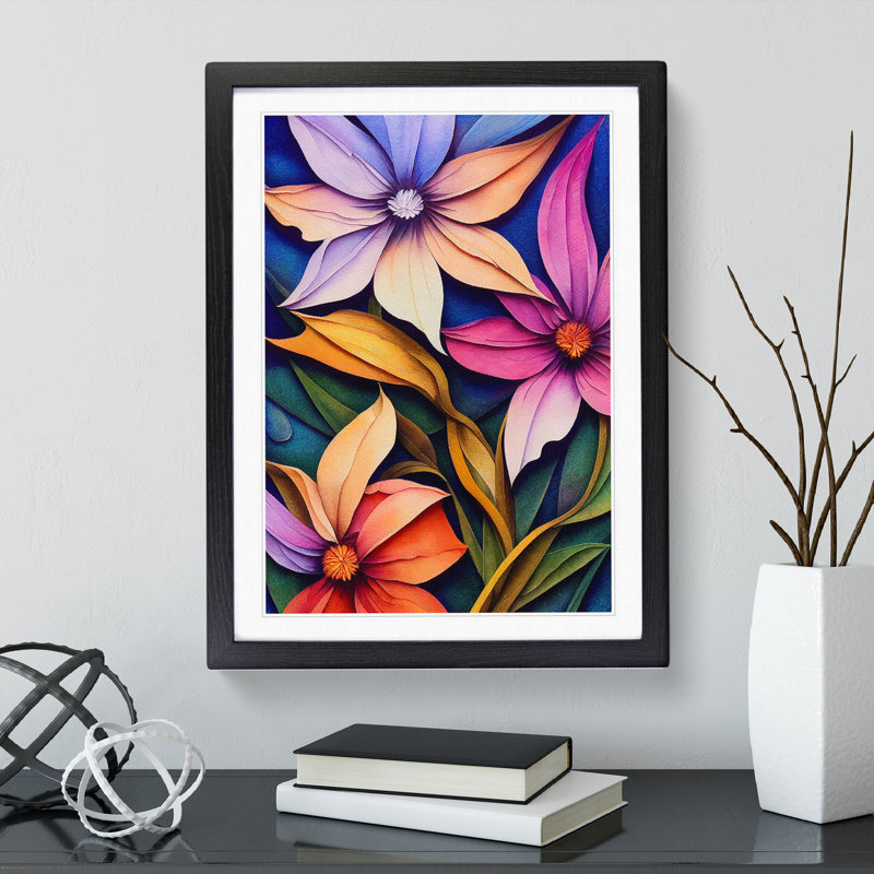 Colourful Flowers No.2 - Wall Art, Black Framed, 66cm H x 48cm W x 2cm D, White