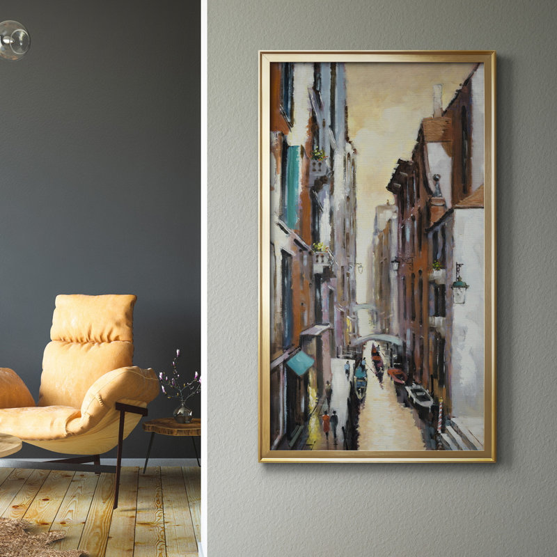 Canal View II - Peinture sur toile encadrée, H 22,5 po x l 42,5 po x P 1,5 po, Cadre doré