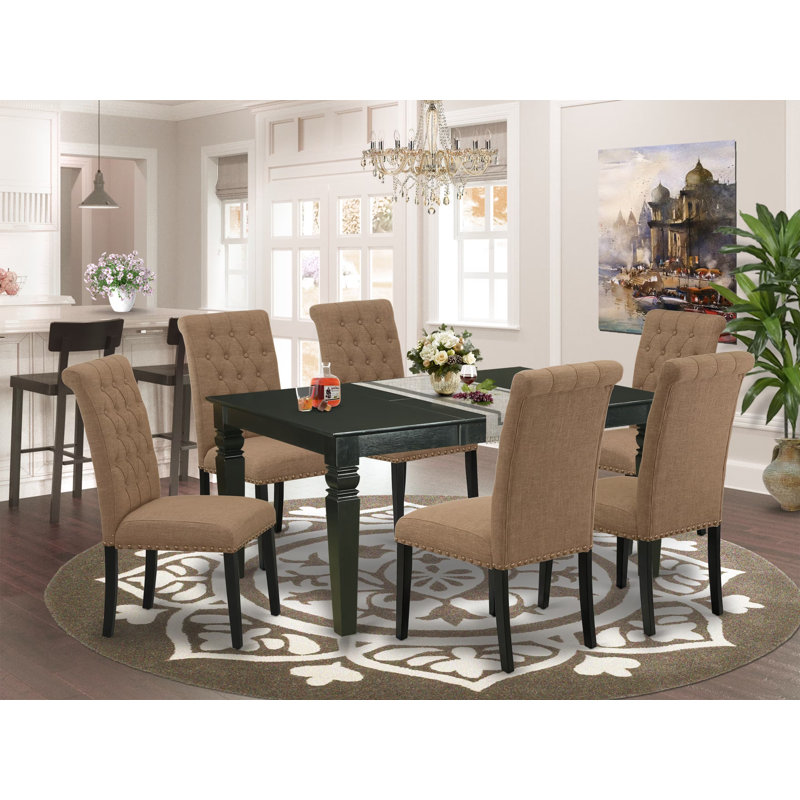 9 Piece Dining Room Table Set Includes a Rectangle Butterfly Leaf Kitchen Table and 8 Light Sable Linen Fabric Upholstered Chairs, Black