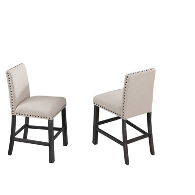 2 chaises de comptoir pour la salle à manger, garniture cloutée, pieds en bois gris antique, mélange de lin naturel, dossier, forme rectangulaire, bois d'ingénierie, rembourrage en mousse, espace requis pour l'assemblage des tabourets, finition,