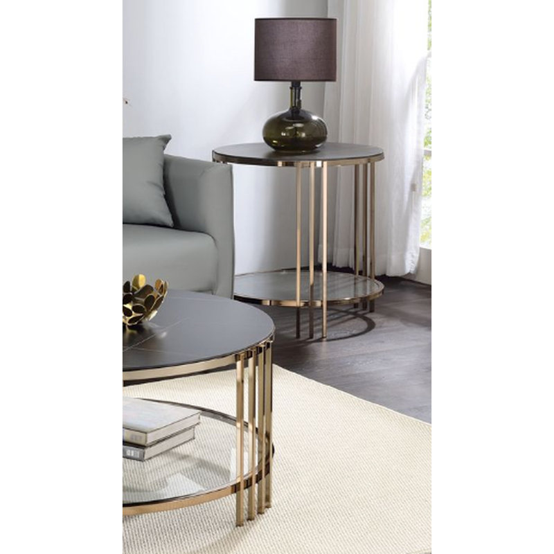 Table de terrasse en bois fritté avec finition champagne et chic, 1 tablette, 23 po x 24 po, véranda noire