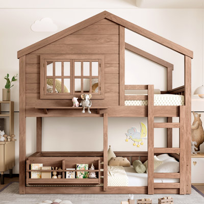 Twin Over Twin House Bunk Bed With Windows And Bookshelf, Wood House Roof Floor Bunk Bed Frame With Safety Fencing And Ladder,suitable For Kids Teens Boys Girls,natural