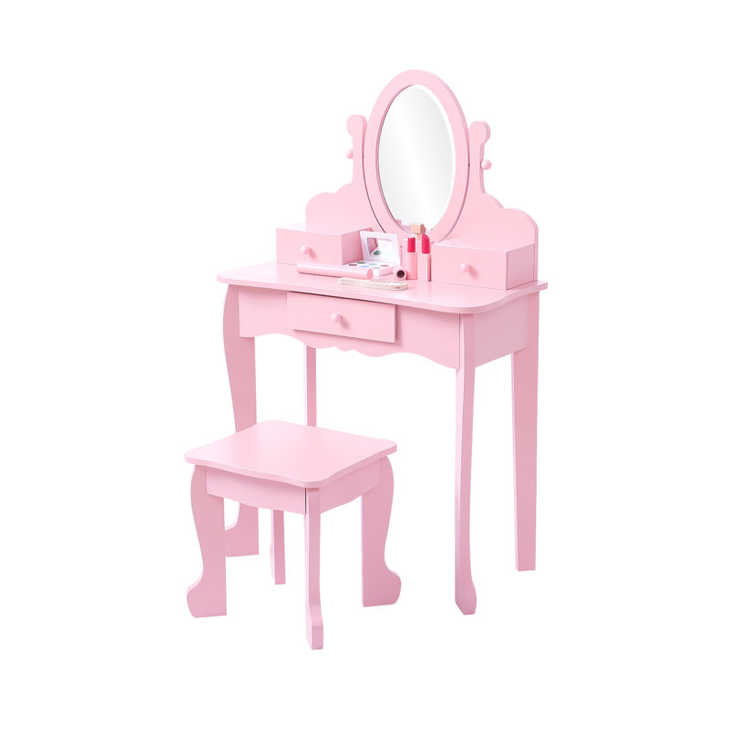 Kids Vanity Set with Mirror & Stool, Wooden Princess Makeup Dressing Table with Drawers, Pretend Play Beauty Set, Pink