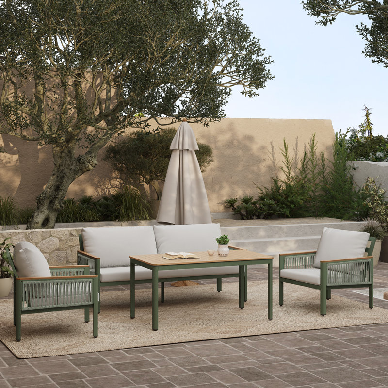 Ensemble de conversation moderne 4 pièces avec causeuse, ensemble de mobilier de patio en aluminium vert