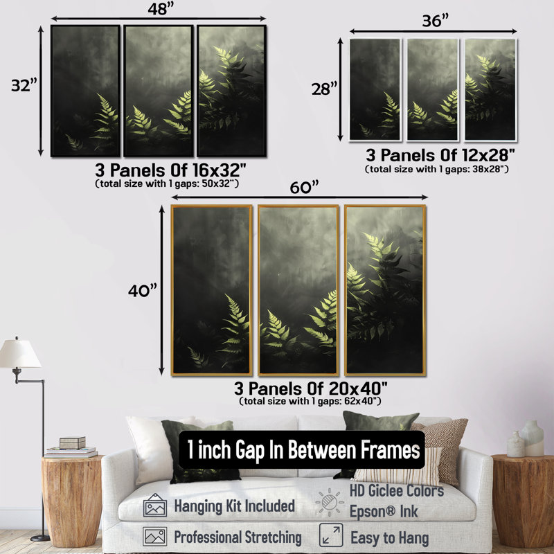 Novak - ensemble d'art mural fougères, H 40 po x l 60 po x P 1 po, Black Floater Framed Canvas