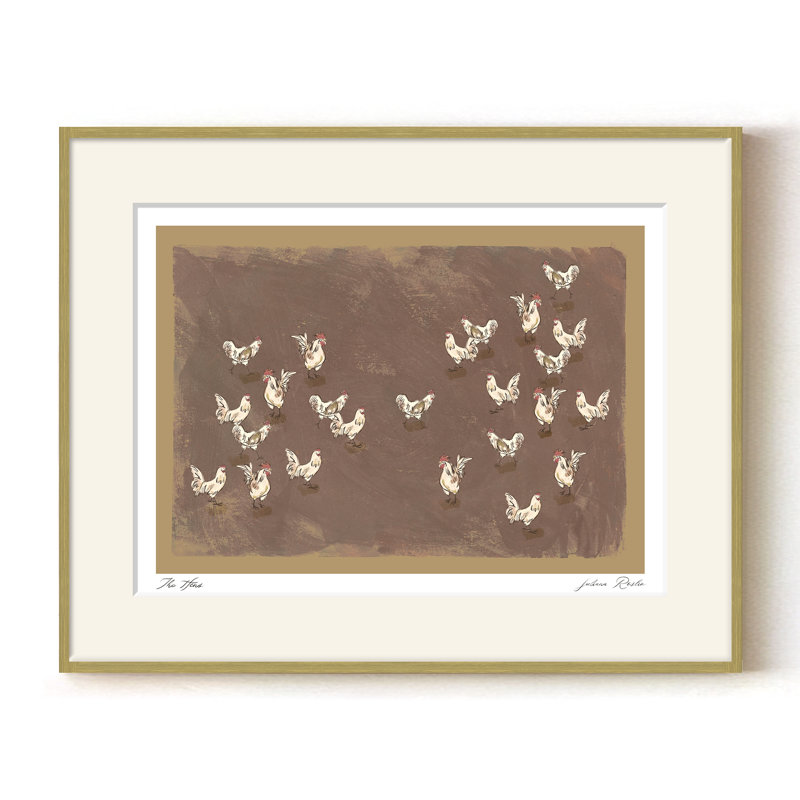 Les poules - poules blanches douces en mouvement harmonisé sur un terrain taupe | H 24 po x l 32 po | Cadre doré, Doré