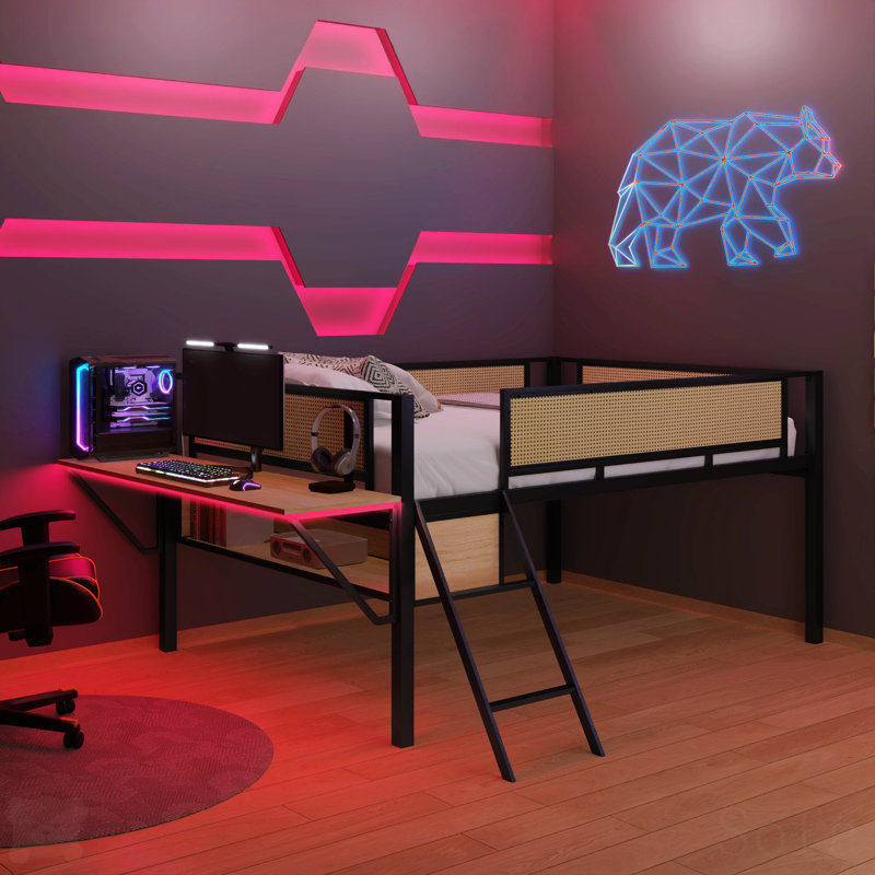 Lit mezzanine en métal avec bureau rectangulaire, lit double mezzanine avec tablettes de rangement, garde de sécurité et échelle