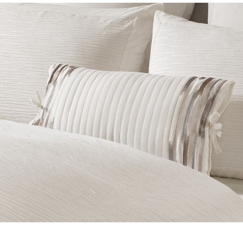 Cream Embroidered Cotton Lumbar Pillow with Bow Ties