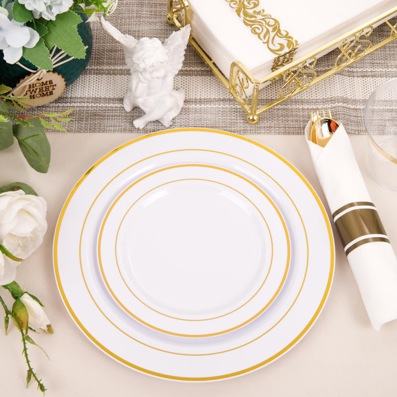 350 Piece Gold Plastic Dinnerware Set For 50 Guests - Gold Plastic Plates With Disposable Cutlery Include:50Dinner Plates-50Dessert Plates-50Pre Rolled Napkins With Gold Silverware
