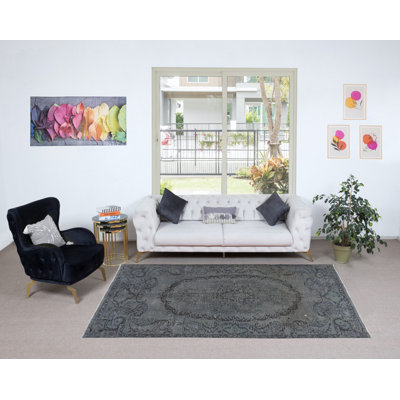 Tapis turc fabriqué à la main de 5,2 x 8,6 pi surteint en gris, tapis moderne en laine et en coton