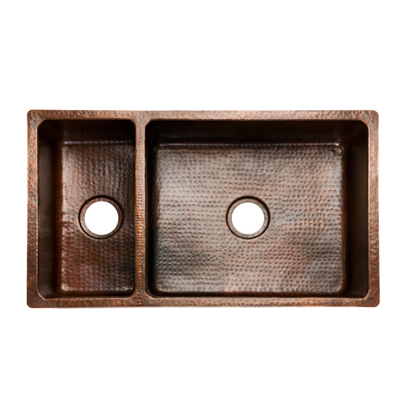 33" Hammered Copper Kitchen 25/75 Double Basin Sink with Matching Drains, and Accessories