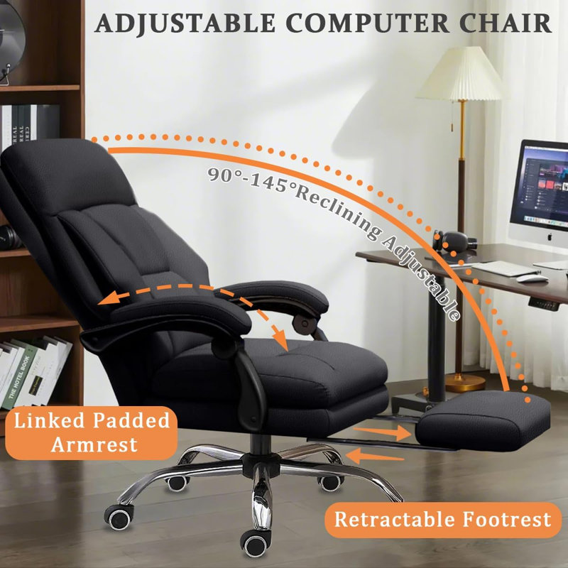 HDHNBA Height Adjustable Reclining Leather Office Chair Retractable Footrest 360 Degree Swivel Casters, Black