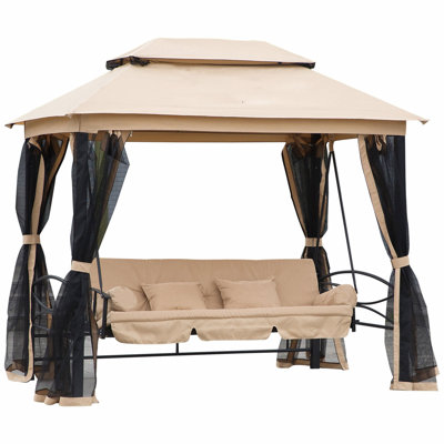 Balancelle d'extérieur avec abri de jardin à 3 niveaux, parois latérales en filet, siège et coussins rembourrés, beige