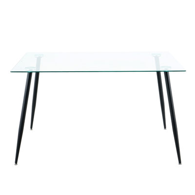 Table rectangulaire en verre trempé de 51 po avec pieds en métal noir, table de salle à manger de beauté moderne avec plateau transparent et protection antidérapante incluse