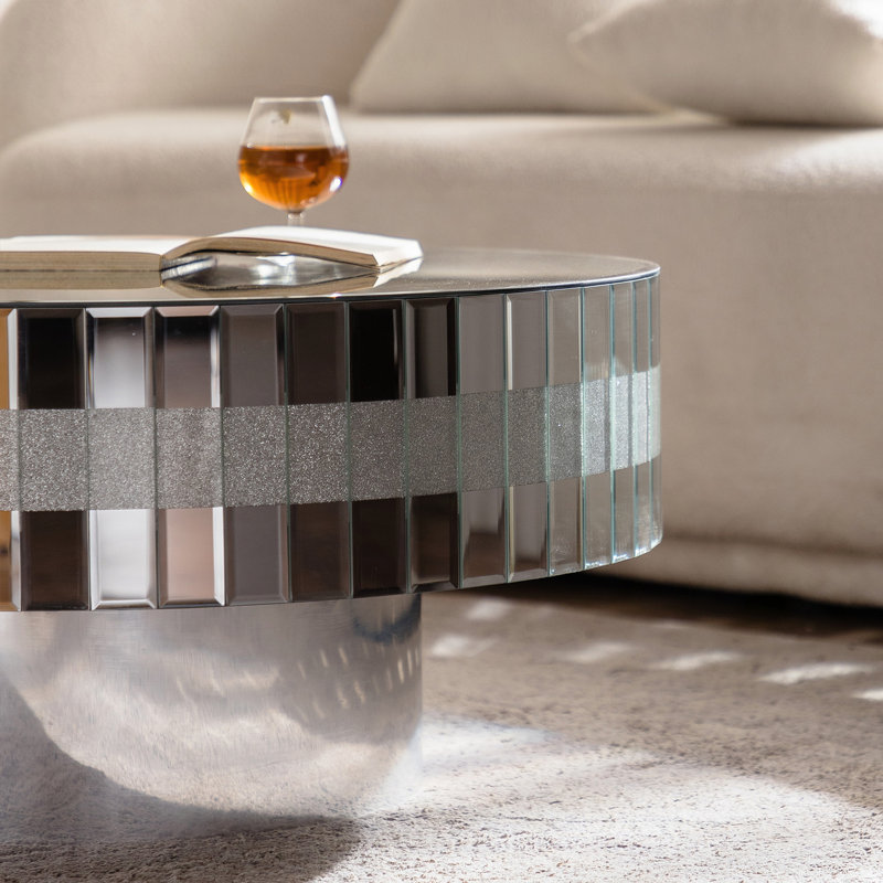 Round Coffee Table with Silver Mirror Crystal Edge Frame, Silver