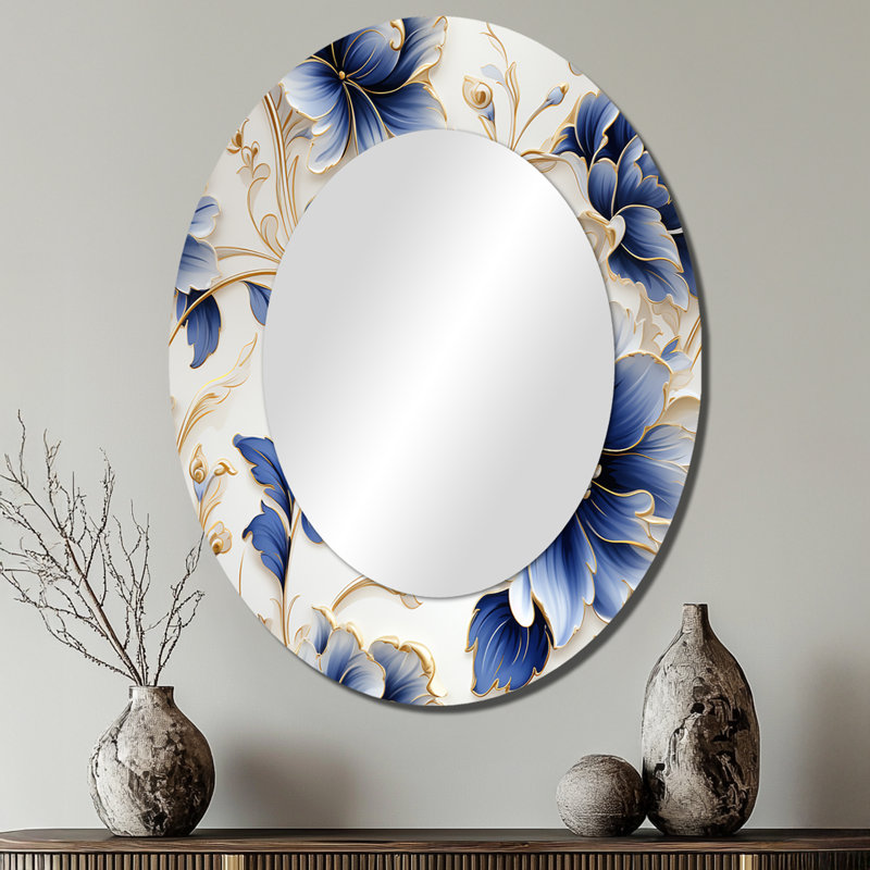 Motif victorien filigrane bleu cobalt - grand miroir mural ovale sur métal, H 40 po x l 30 po