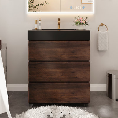 30 in. Single Sink Freestanding Walnut Bath Vanity with Black Quartz Sand Top, 3 Soft Drawers, Pre-assembled