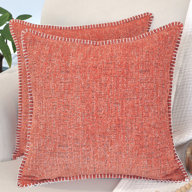 Soft Chenille Throw Pillow Covers With Stitched Edge, Pillow Cover Only - No Insert, Orange, 18" x 18"