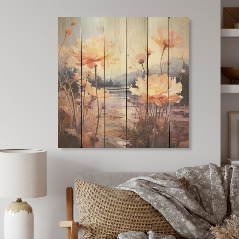 Verre floral sur fond de montagne - Art mural en bois sur bois de pin naturel, H 36 po x l 36 po