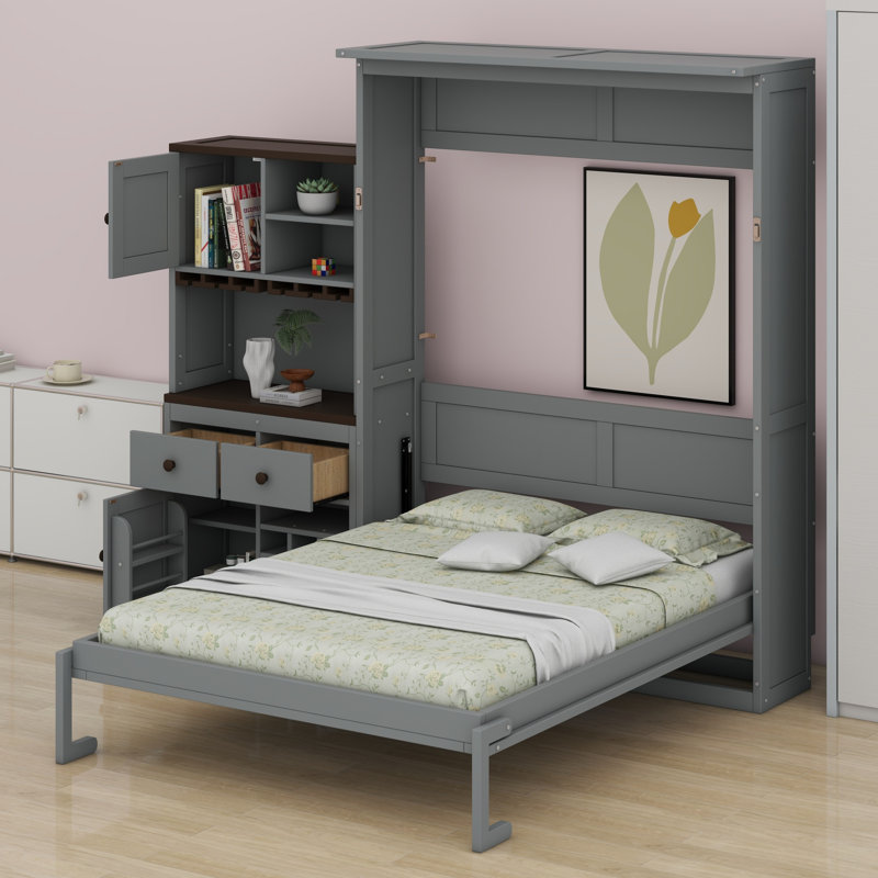 Grand lit escamotable avec armoire de rangement, support à vin, porte-verre, tiroirs et bande DEL multicolore, gris