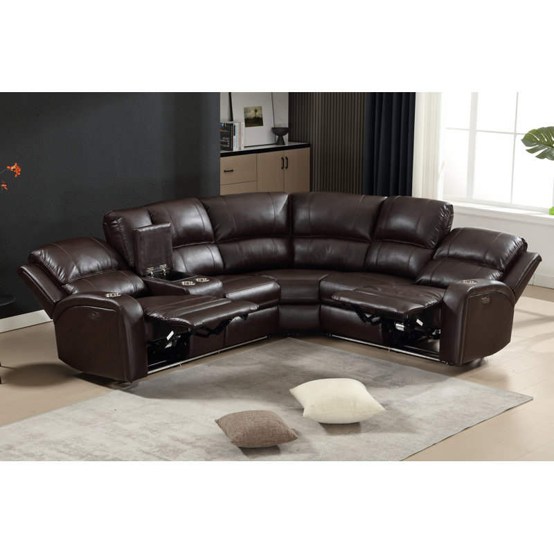 Elroy Faux Leather Power Reclining Sectional with LED, Brown Faux Leather