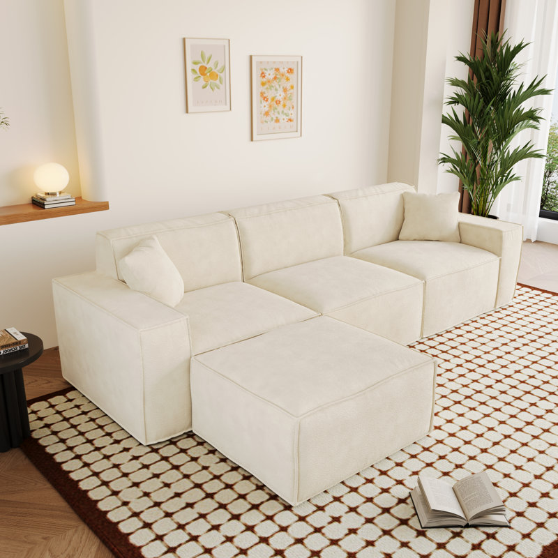 Canapé modulaire de 110 po à compression, canapé modulaire moderne avec sièges profonds, canapé rembourré en chenille désossée pour le salon, 3 sièges profonds avec repose-pieds