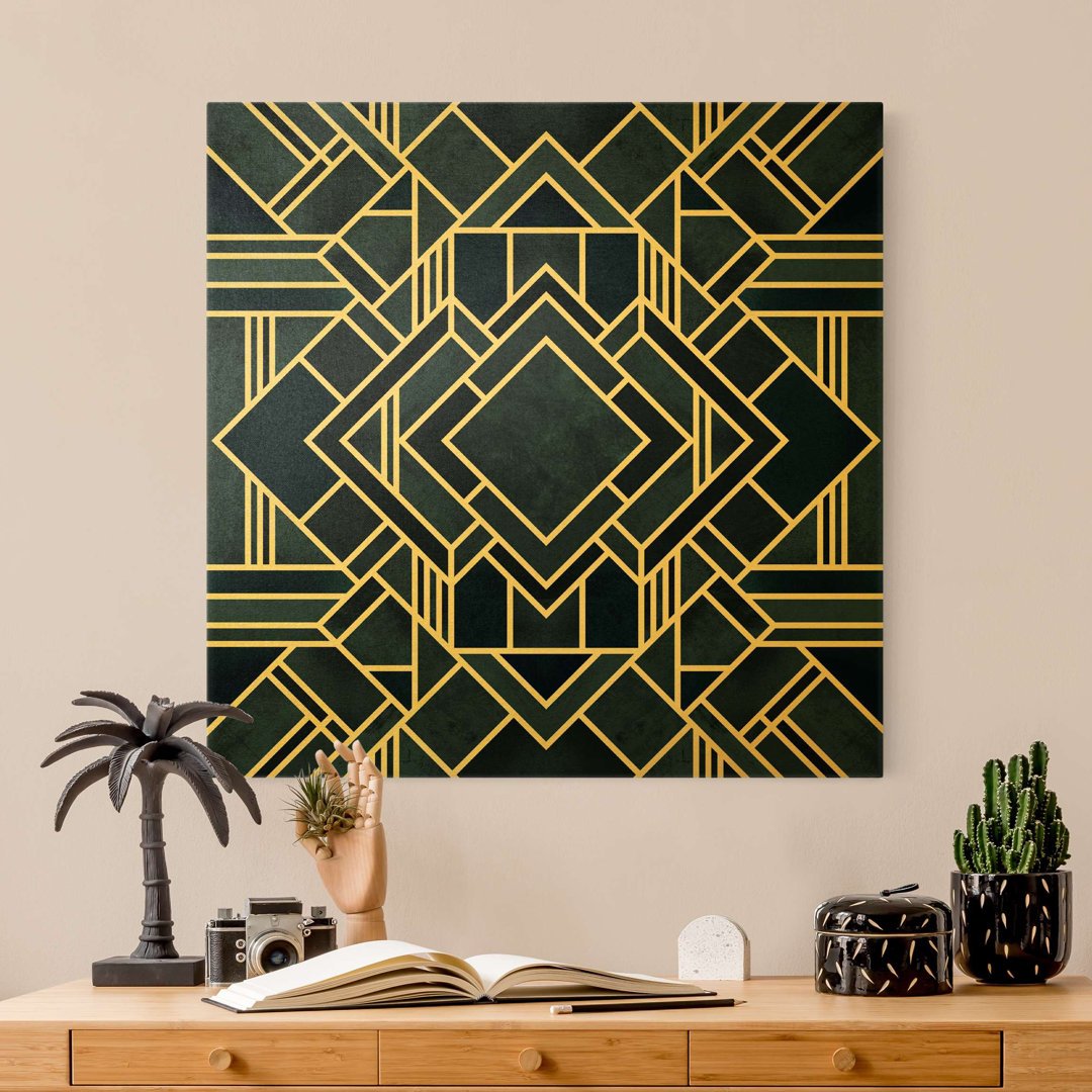 Leinwandbild Goldene Geoemetrie - Art Deco Blau von Elisabeth Fredriksson