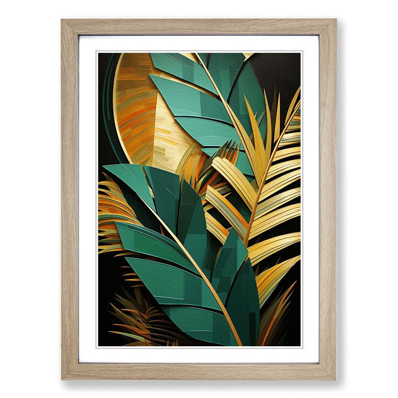 Palm Leaf Constructivism - Single Picture Frame Print on Wood, 64cm H x 46cm W x 2" D, Oak Framed